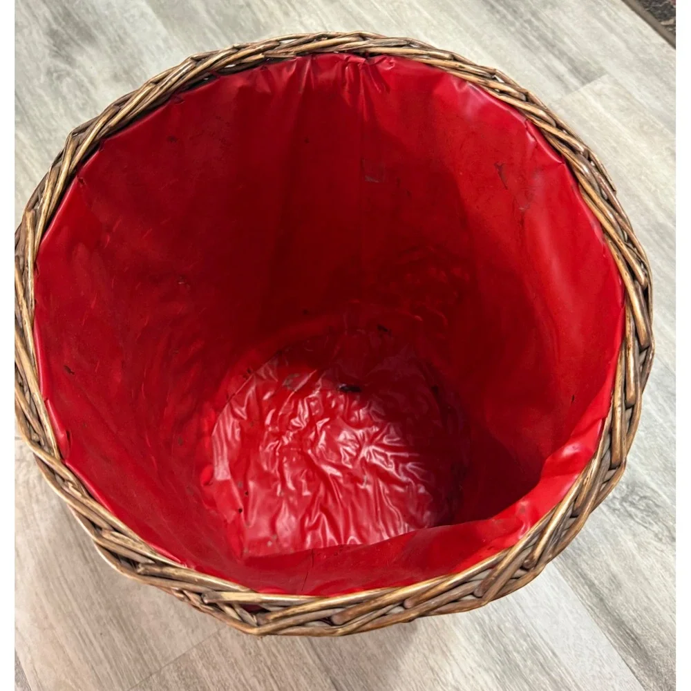 Vintage Woven Wicker Basket with Red Liner Brown Wood Wastebasket Planter